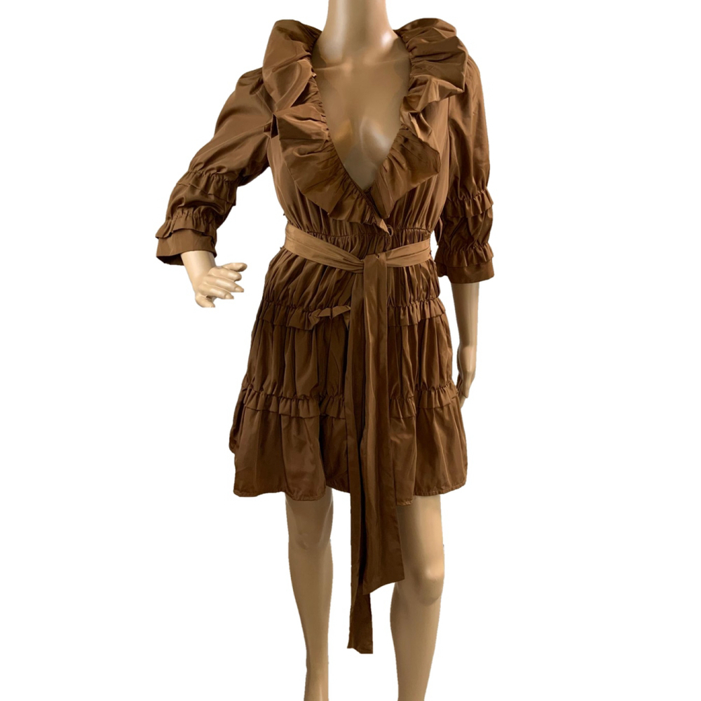 Ryu Women's Ruffled Mini Tiered Dress Size Small Brown 3/4 Sleeves Belted V-Neck - Picture 2 of 15
